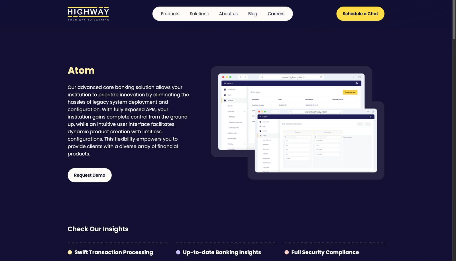 Highway core banking product interface screenshot