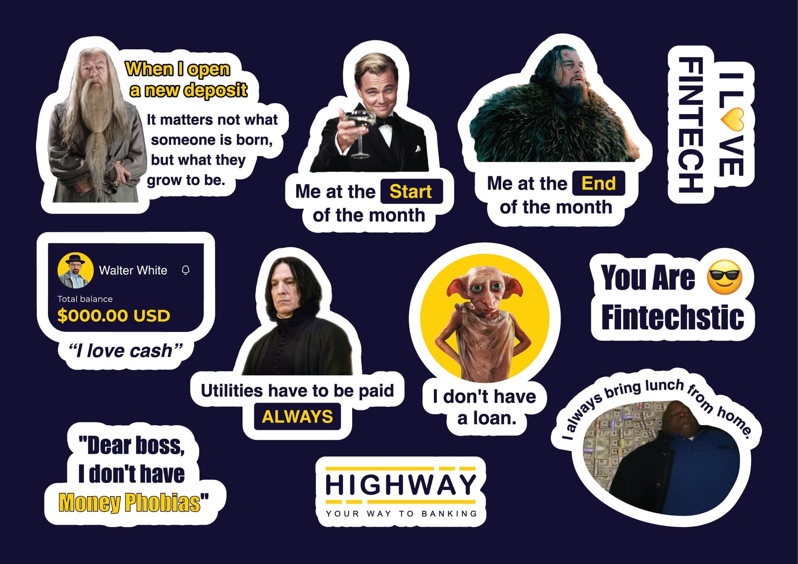 Highway fintech-themed sticker sheet design