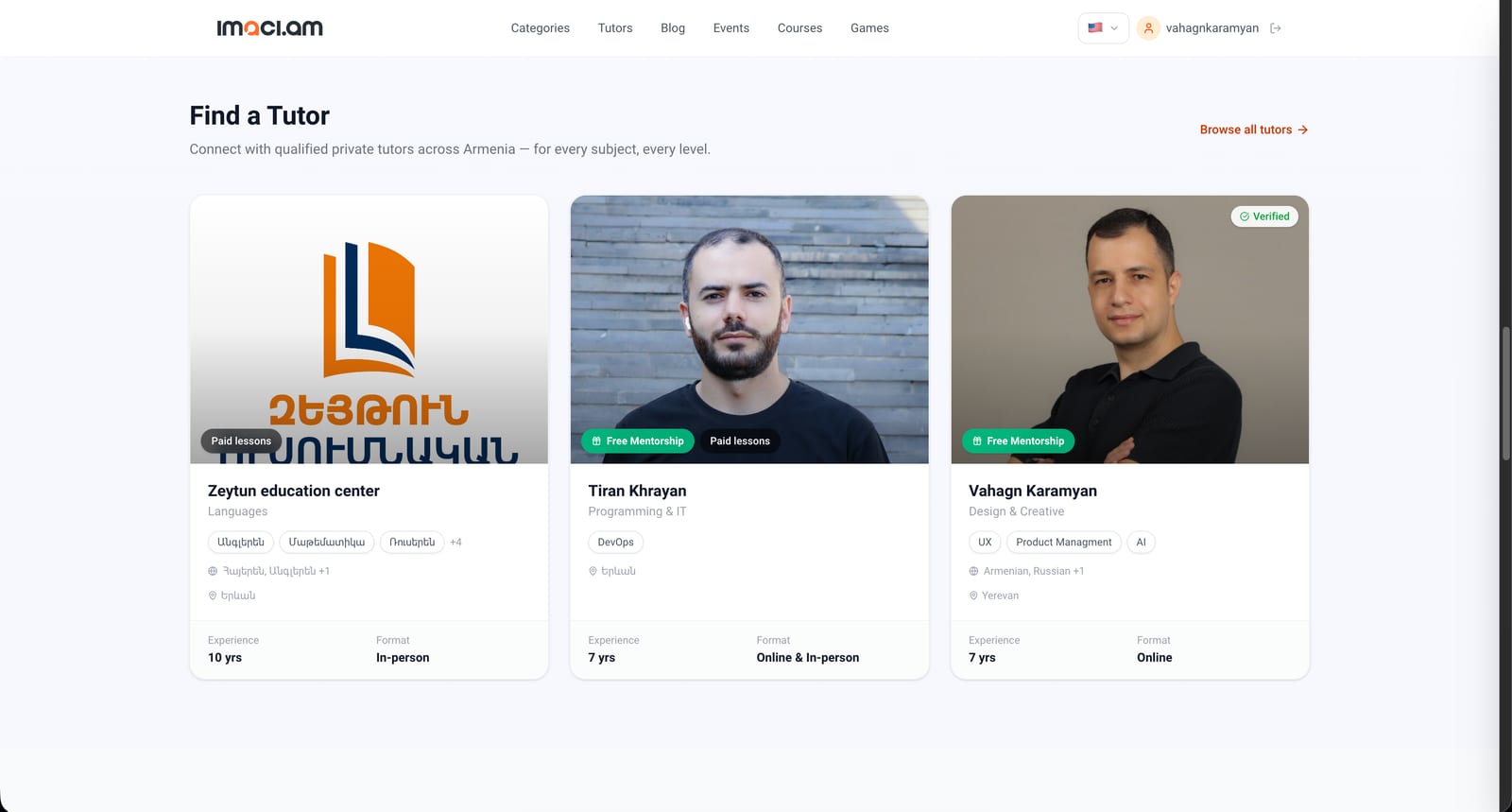 Imaci.am listing cards screenshot