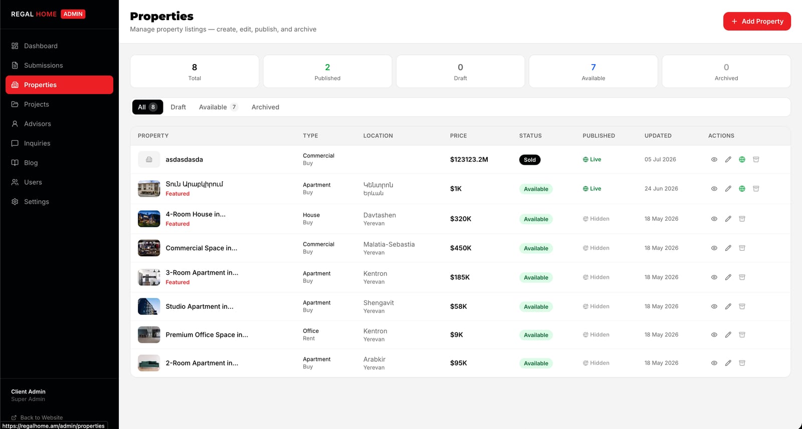 Regal Home admin properties management screenshot