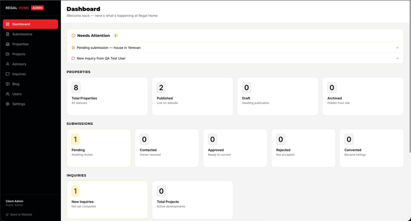 Regal Home admin dashboard screenshot
