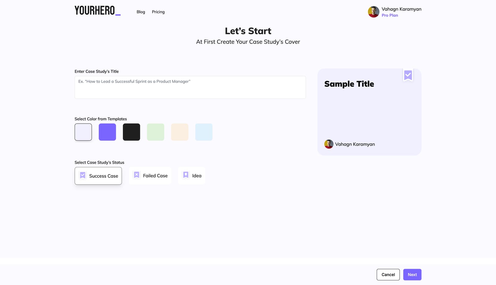 Yourhero.me case study builder cover step screenshot