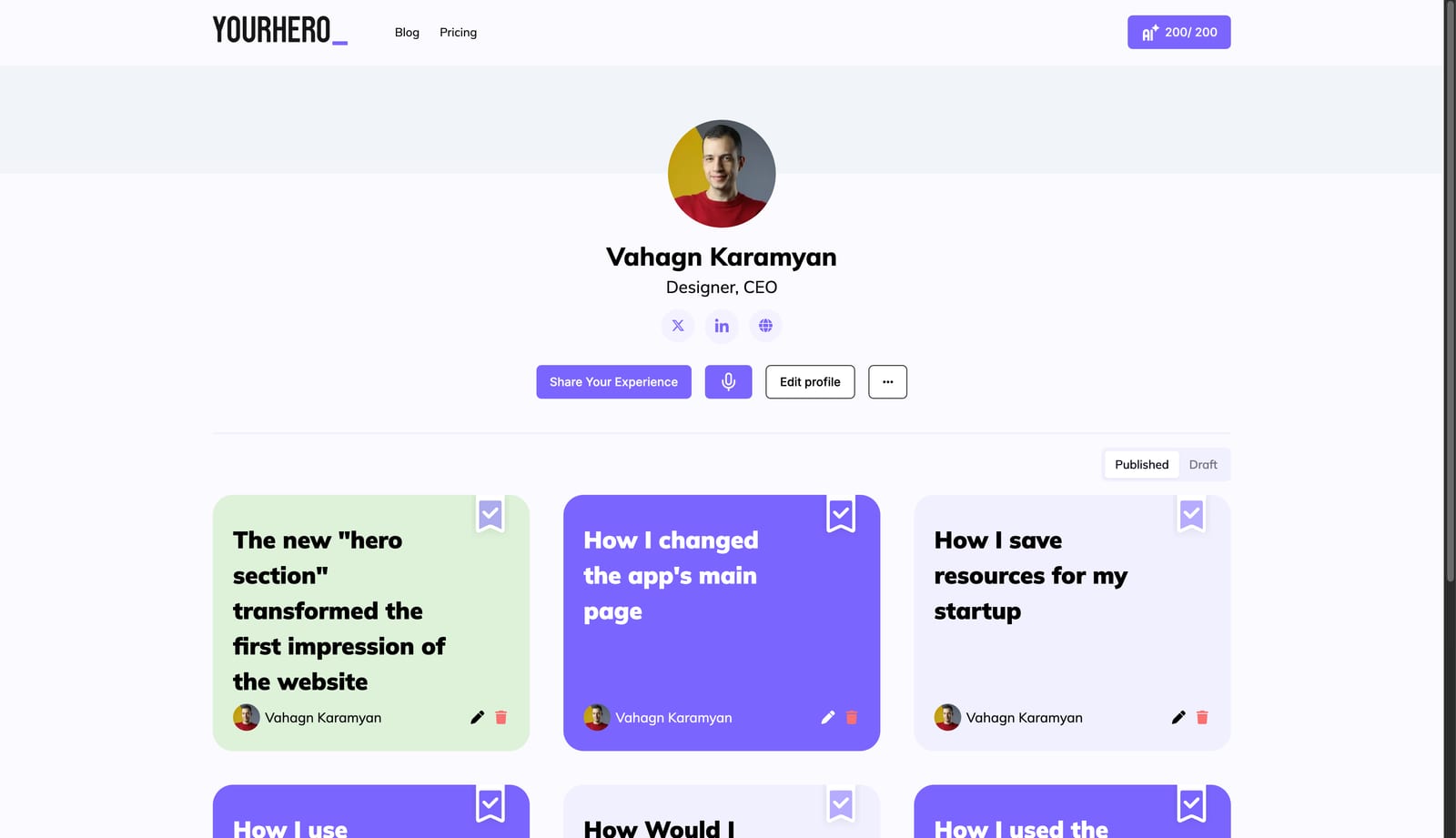Yourhero.me public profile page screenshot