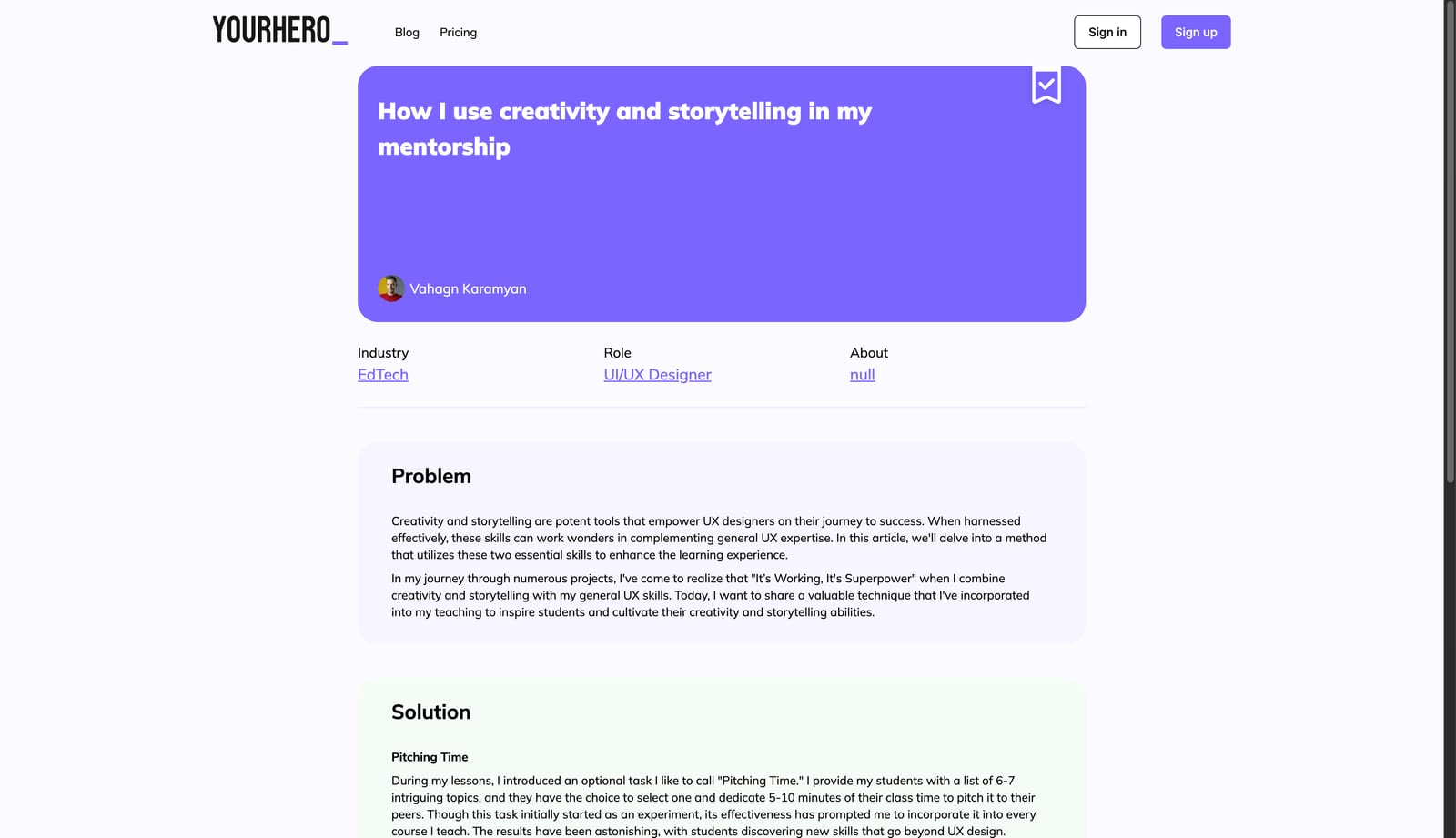 Yourhero.me published case study page screenshot