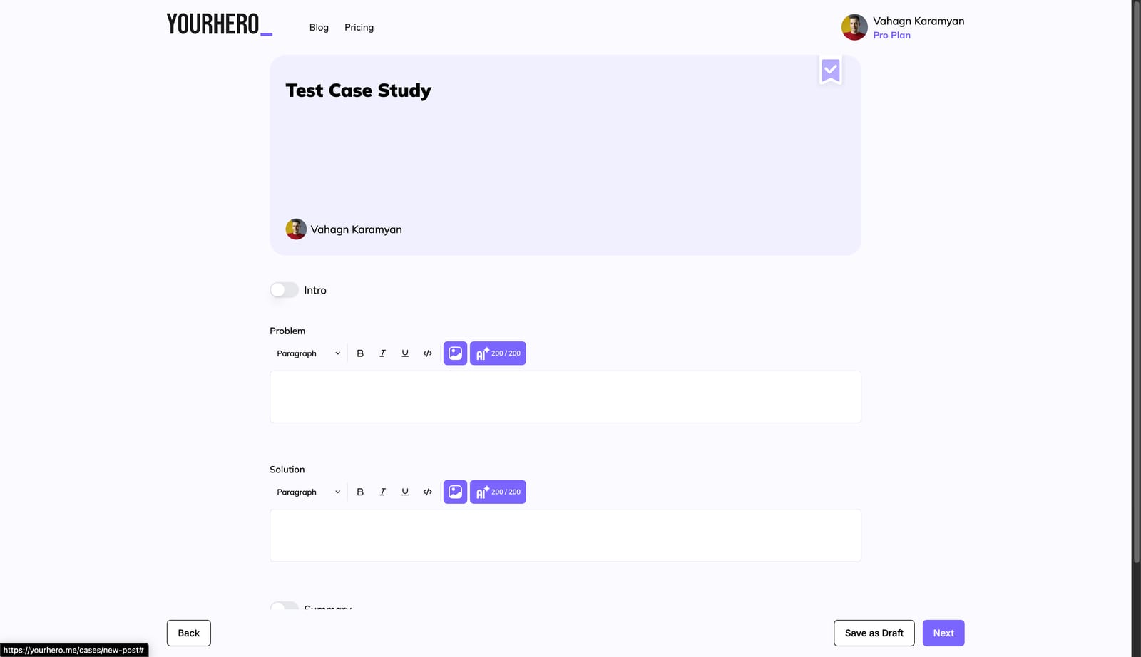 Yourhero.me story editor with AI-assisted writing screenshot